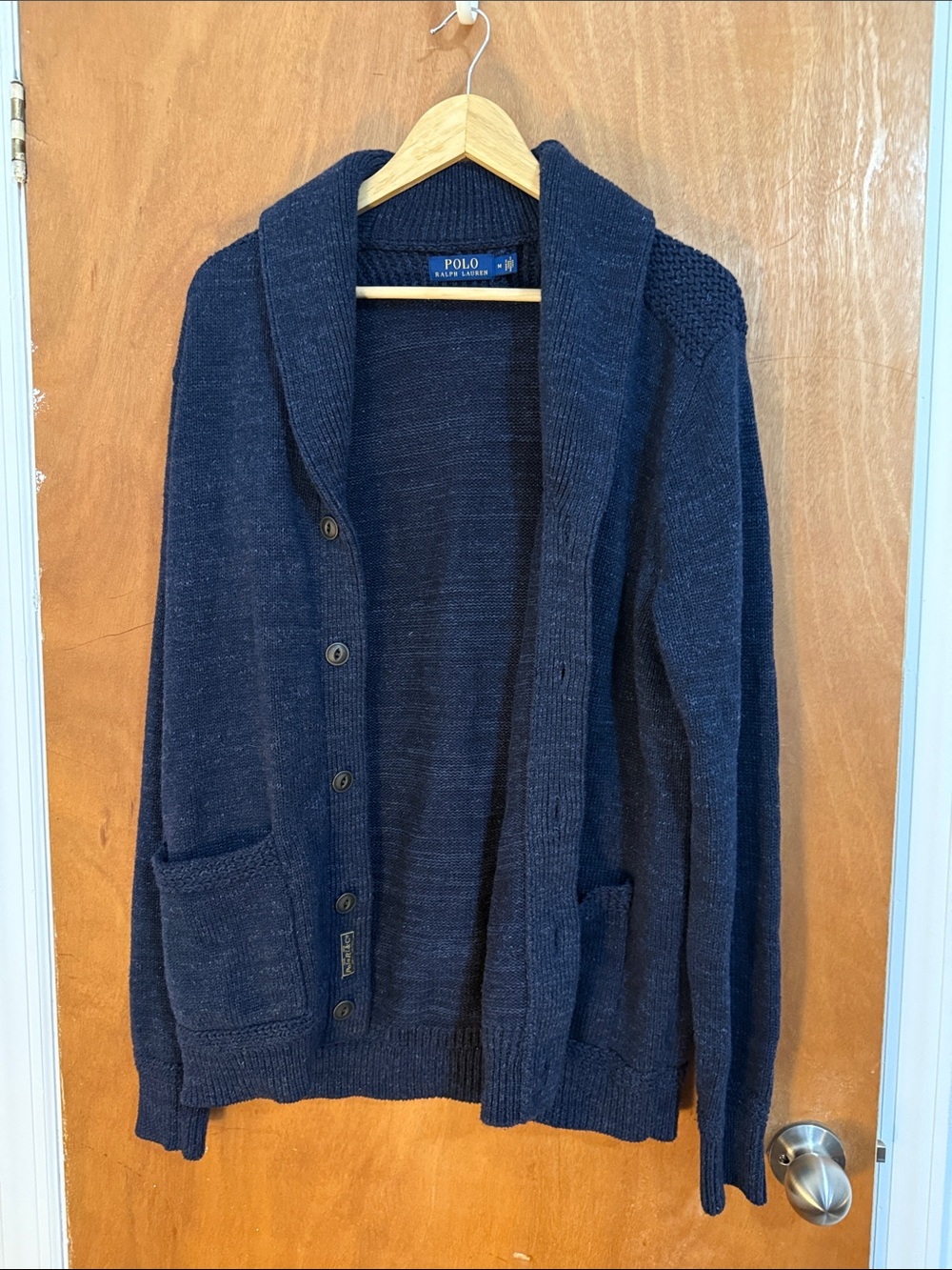 100% Cotton Polo by Ralph Lauren Dark Navy Shawl Collar Button-Up Cardigan